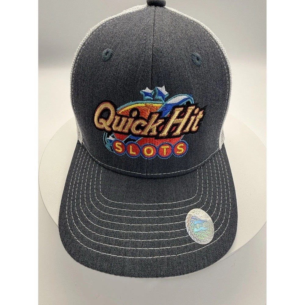 Grey and white mesh trucker hat with‎ an embroidered "Quick Hit Slots"